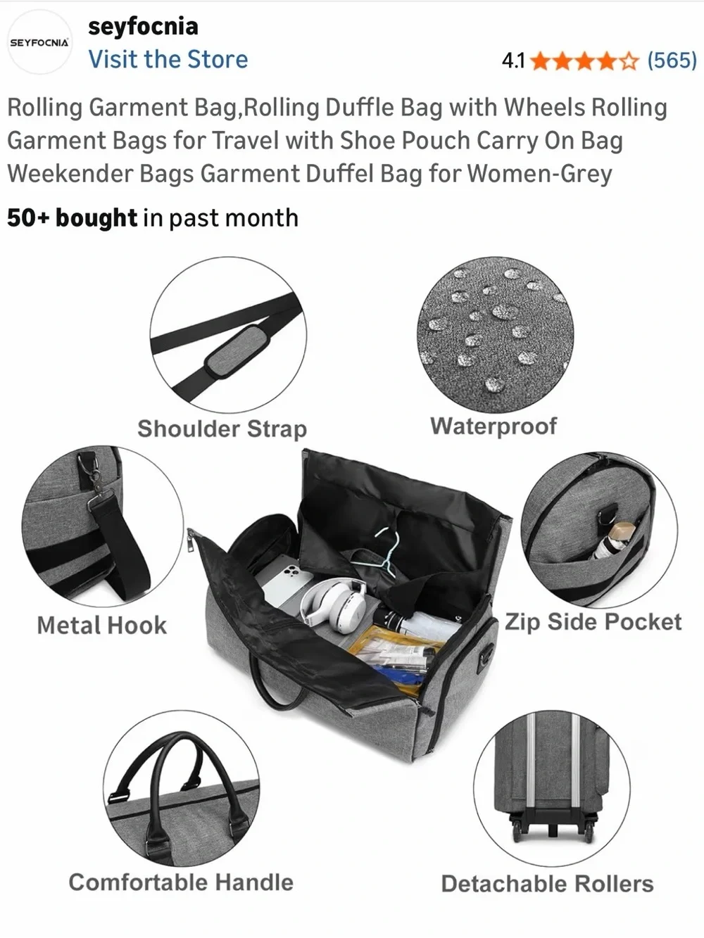 Seyfocnia Grey Rolling Garment Duffel Bag with Wheels